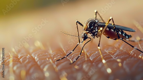 Aedes mosquito in closeup drawing blood from human skin with text space and a hazy background with space for text, Generative AI.