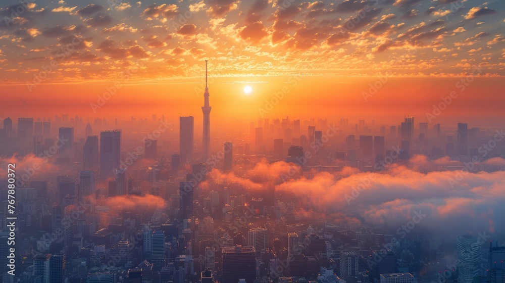 A city skyline with a sun setting over the clouds, AI