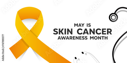 May is Skin Cancer Awareness Month. Ribbon and stestoscope. Great for cards, banners, posters, social media and more. White background. photo