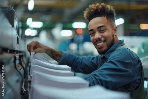 Portrait of young male worker at printing house or copy center. Confident smiling man looking at camera while feeds paper into the printing press. photo