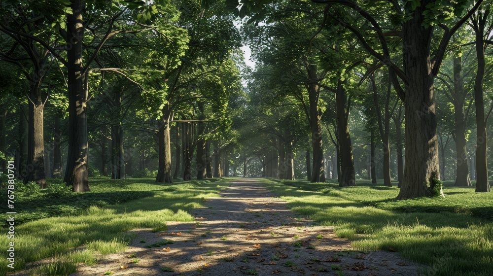 Fototapeta premium A path through a forest with trees and grass on both sides, AI