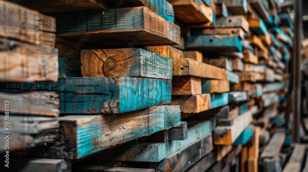 A close up of a pile of wood with blue and brown paint, AI A close up of a pile of wood with blue and brown paint, AI