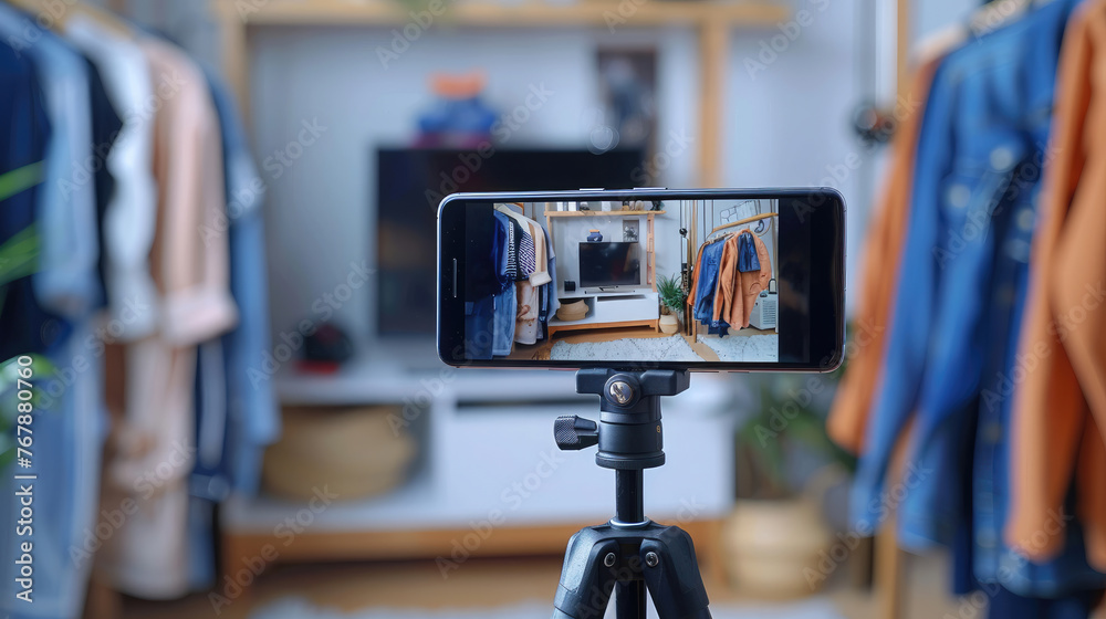 Smartphone on a tripod recording a room with clothing and a TV. Smartphone on a tripod recording a room with clothing and a TV.