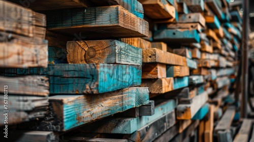 A close up of a pile of wood with blue and brown paint, AI