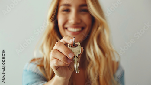 Smiling woman extending a key towards the camera, focus on the key. photo