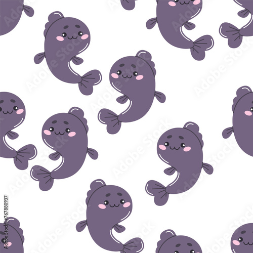 Vector seamless pattern with a cute big river fish hand-drawn on a white background