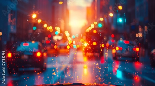 A view of a car windshield with the city lights in front  AI