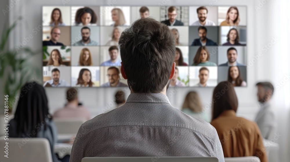 Person participating in an online video conference meeting. Person participating in an online video conference meeting.