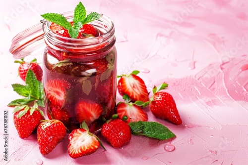 A glass jar of sweet delicious strawberry jam  confiture on a light pink background. A traditional recipe for homemade jam. A horizontal banner with free space for text.