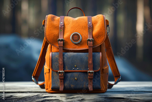 Brown and blue backpack sits on wooden surface.