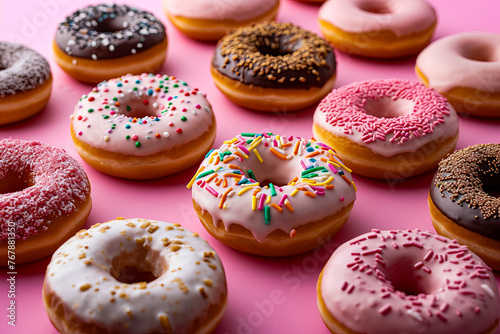 Group of twelve donuts with various frosting and sprinkle combinations.