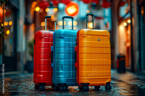Three suitcases of different colors are standing upright next to each other on sidewalk in front of building with red lanterns hanging outside.