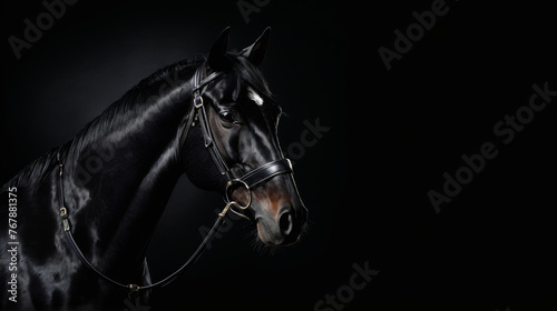 Black horse with bridle on and its head turned to the side.
