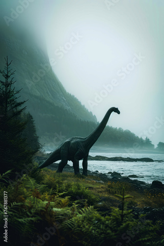 Computer-generated image of dinosaur standing by water and trees. © valentyn640