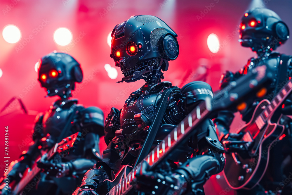 Three robots with red eyes and guitars one of which is electric guitar.