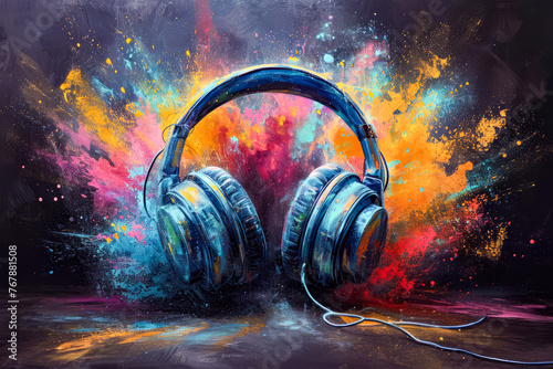 Pair of headphones are depicted in artistic colorful manner.