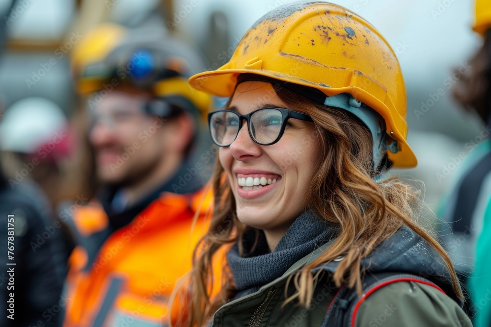 Close-up portrait of a female engineer in bright signal vest and safety helmet standing with her colleagues on construction site outdoors. Diverse team of specialists discussing project details. Close-up portrait of a female engineer in bright signal vest and safety helmet standing with her colleagues on construction site outdoors. Diverse team of specialists discussing project details.