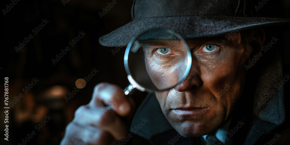 investigator man detective in hat looks through a magnifying glass on black background - obrazy, fototapety, plakaty 