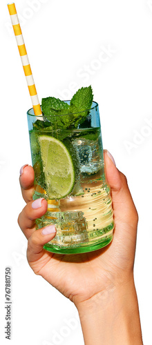 Lady's hand holding glass of cold, refreshing mojito with lime and bright straw against transparent background. Concept of party, relax, alcohol, holidays, celebrations, Friday mood. © Lustre