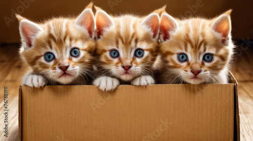 Three kitties peek out from box their eyes are wide open and they look curious.