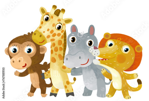 Fototapeta Naklejka Na Ścianę i Meble -  Cartoon zoo scene with zoo animals friends together in amusement park on white background with space for text illustration for children