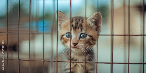 abandoned alone little gray red striped kitten sitting in a cage at an animal shelter, sad eyes with hope. banner