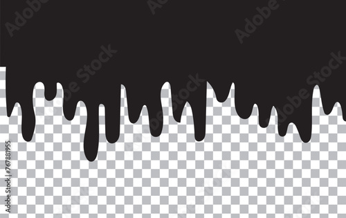 Black Melt Drips, Liquid Paint Drops seamless element vector. Isolated melted dripping liquid on background. Flowing, spilled, drop, splash, leak concept. Vector illustration