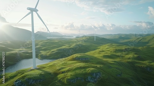 Aerial view. Wind turbines. Green landscape. Aerial shot of wind turbines amidst a picturesque green countryside.