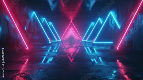 3d rendering blue triangular lines with neon lights abstract background. AI generated image