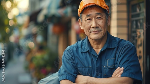An image of a middle-aged Asian delivery worker facing the camera in a distribution warehouse with a blurry background, Generative AI.
