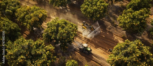 Organic farm farmer spraying pesticide and herbicide on lemon trees while driving agricultural tractor with herbicide sprayers.