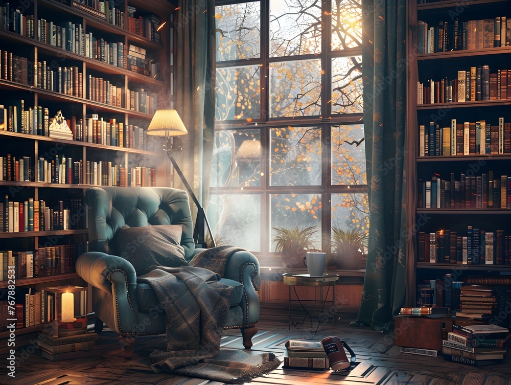 Vintage Library Corner with Plush Armchair and Tall Windows - Generative AI
