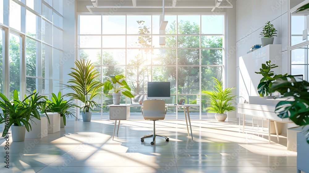 Fototapeta premium Serene Office Interior with Sunlight and Lush Potted Plants - Generative AI