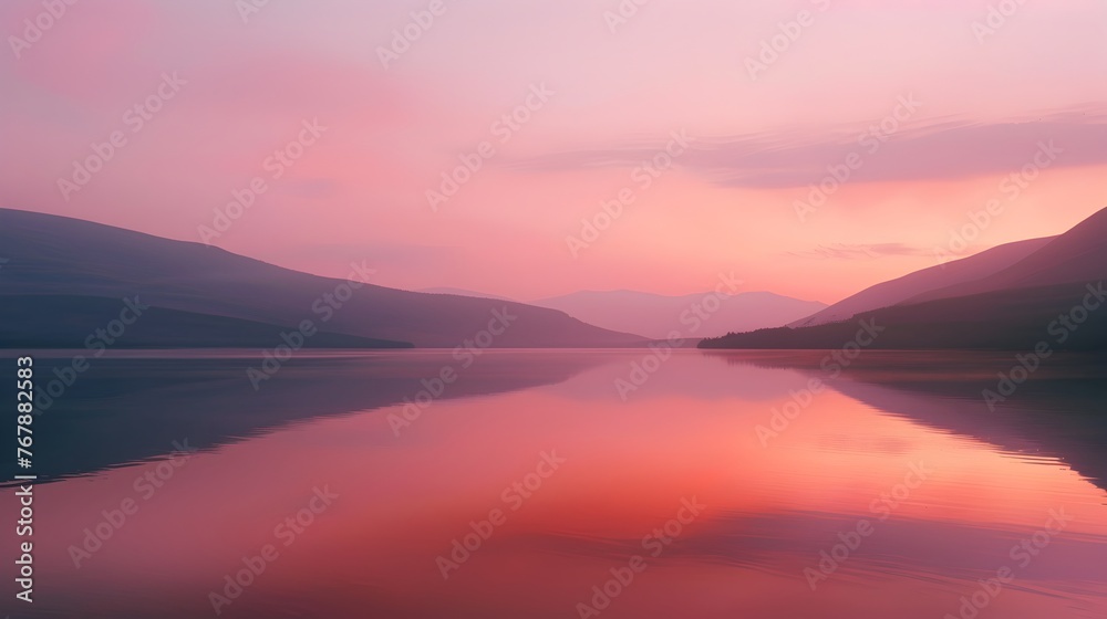 Tranquil Dusk at Lake with Pink and Purple Sunset Reflections - Generative AI