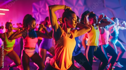 Lively Dance Fitness Class Immersed in Colorful Neon Ambiance - Generative AI