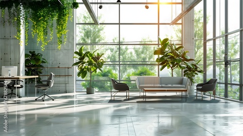 Modern Eco-Friendly Office Lobby with Hanging Plants and Full-Length Windows - Generative AI
