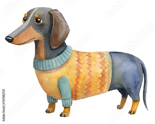 Watercolor illustration card with sausage dog in knit sweater. Isolated on transparent background. Perfect for flyer, card, postcard, tags, invitation, printing, wrapping, poster, banner.