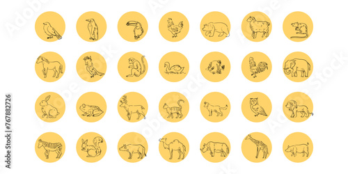 Hand drawn line icon wild animals collection set vector illustration. Wildlife isolated on white background.