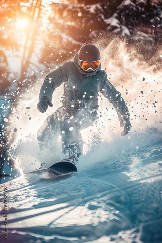  A snowboarder is engaged in freeriding. Floating on air, the snowboarder embraces the freedom of freeriding.