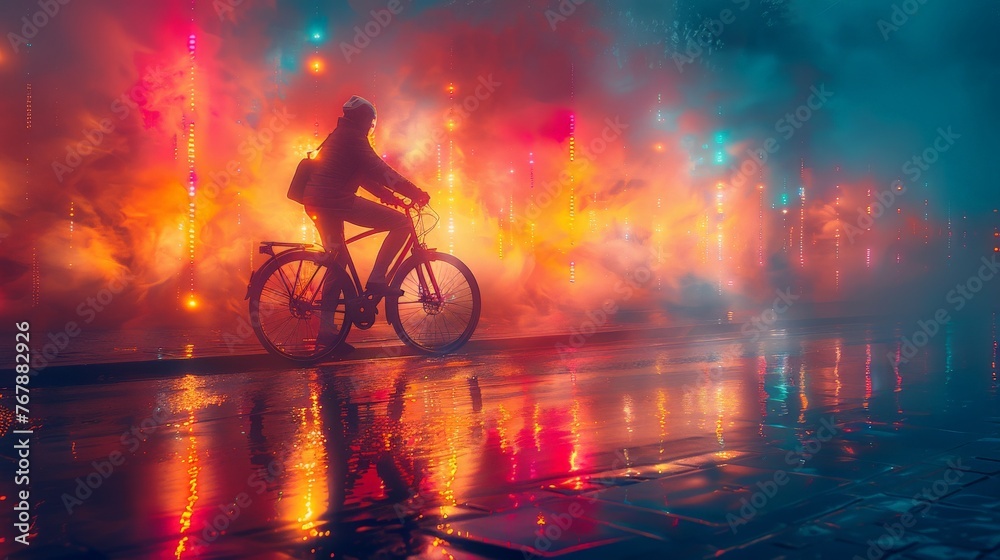 Obraz premium Cyclists ride through lighted city art.