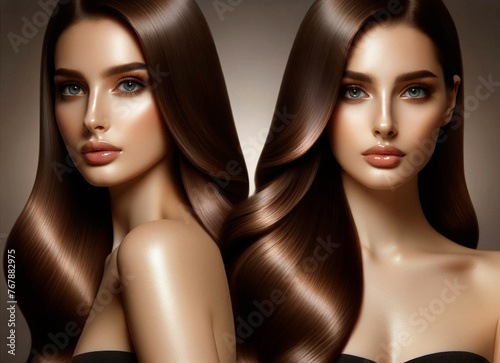 An beauty fashion portrait of a woman with luxurious, glossy brownhair and striking blue eyes, featuring a flawless complexion and full lips. Hair care concept. photo