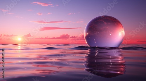 A glass ball lies in the waves on the sandy beach, the sea and the setting sun are reflected in the ball.