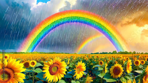 ひまわり畑にかかる虹