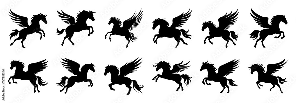 Pegasus silhouettes set, large pack of vector silhouette design, isolated white background. - obrazy, fototapety, plakaty 
