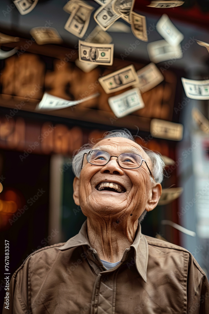 An elderly man smiling looking at the money falling from above