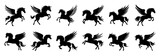 Pegasus silhouettes set, large pack of vector silhouette design, isolated white background.