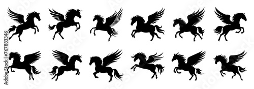 Pegasus silhouettes set, large pack of vector silhouette design, isolated white background.