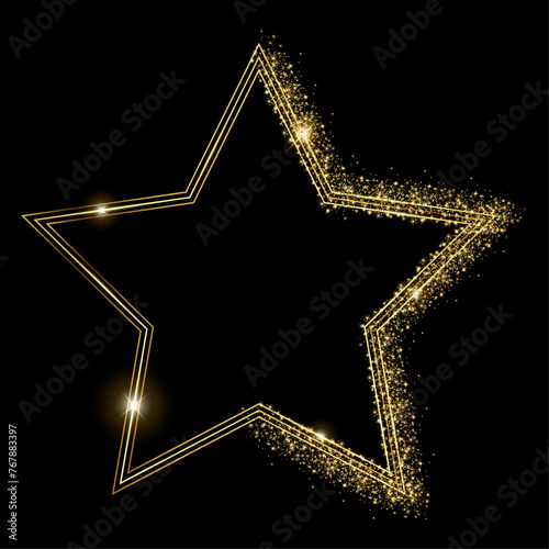 Vector template of shining gold star frame, background with glitter for Christmas celebration party, New Year card, wedding, bachelorette party, baby shower party, logo, casino, birthday.
