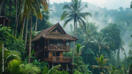 A small house in the middle of a jungle surrounded by trees  AI