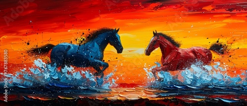 Modern abstract painting, metal elements, textured background, horses, animals... photo